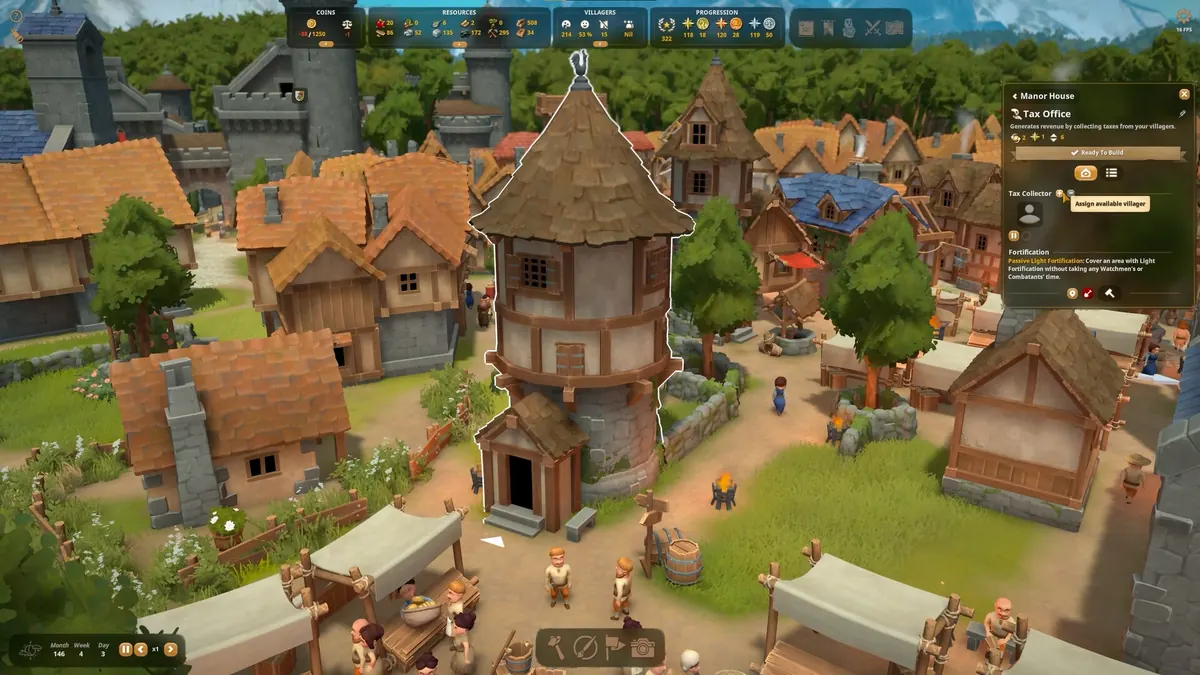 Foundation medieval village with timber houses, market stalls and a stone tax office tower built without a grid
