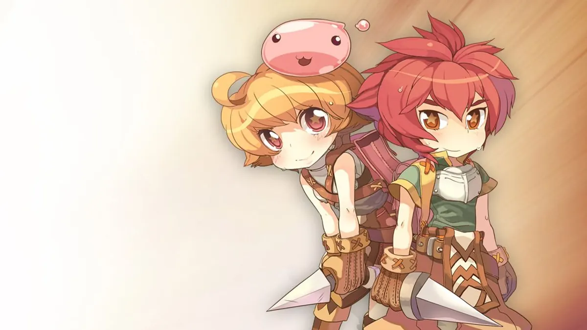 Two chibi Ragnarok Online adventurers with daggers and a pink Poring resting on one character's head