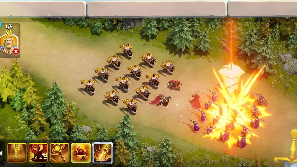 Rise of Kingdoms army formation clashing with enemy troops on the forested world map, commander skills shown below