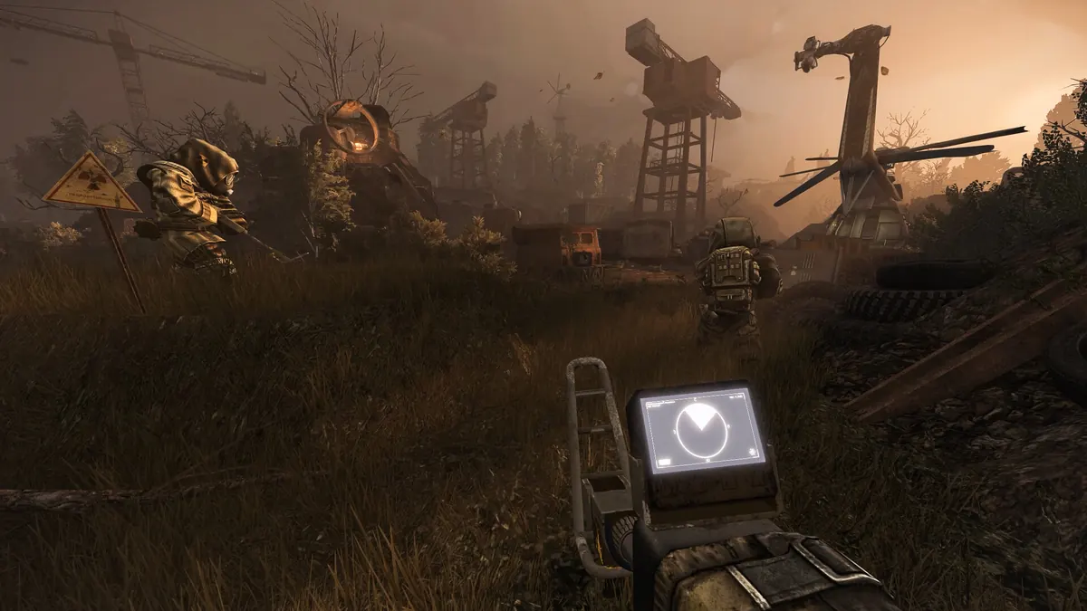 STALZONE squad of stalkers in hazmat gear crossing an anomaly field at sunset in the Chernobyl Exclusion Zone