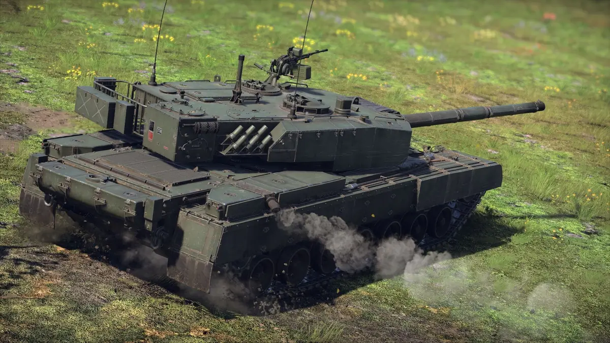 War Thunder modern main battle tank kicking up dust on a grassy field, showing high-detail textures and lighting