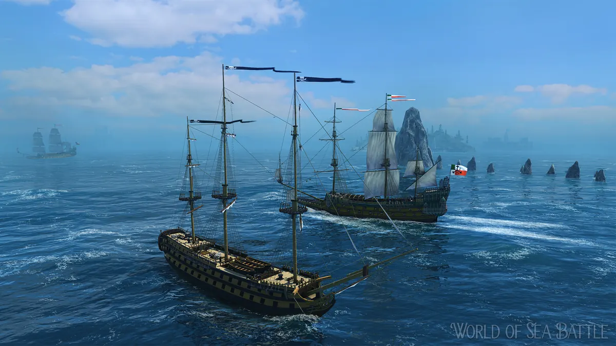 Two World of Sea Battle sailing warships under full canvas on open blue water with a fleet on the horizon