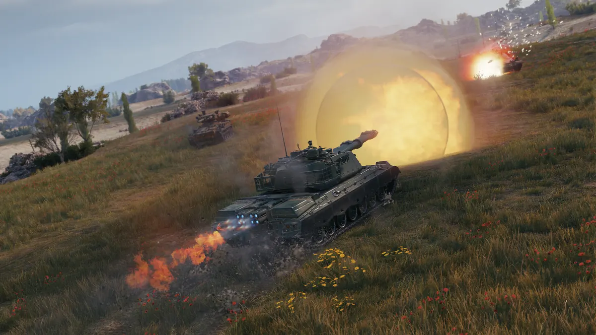 World of Tanks medium tank driving across a grassy hill as a shell explodes beside it in battle